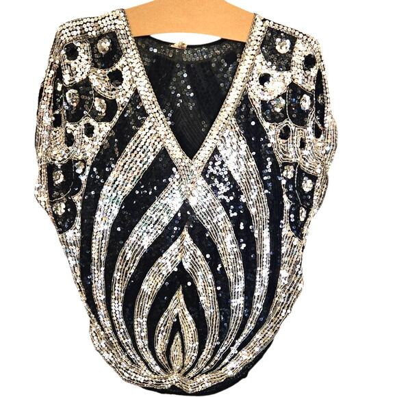 Vintage Tops - Vintage Sequin Black Silver Disco Art Deco Peacock V Neck Blouse Top Shirt